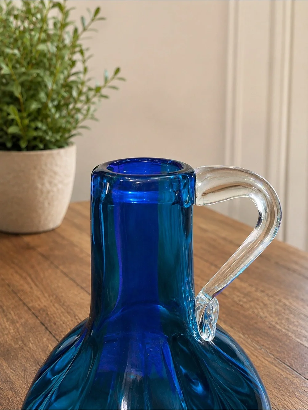 Vintage Cobalt Blue Art Glass Jug Vase Clear Applied Handle Hand Blown 8”